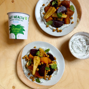The Gut Stuff x TCC Spiced root veg with chickpeas and herby yoghurt dip